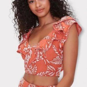 NWT F21 Orange Floral Cross Front Ruffle Crop Top